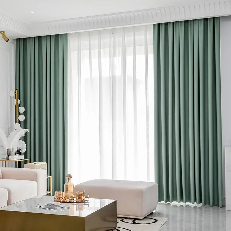 Light Luxury High Grade Bedroom High Blackout Curtain Ins Style Living Room Curtains Green Natural Solid Color Thickened Drapes