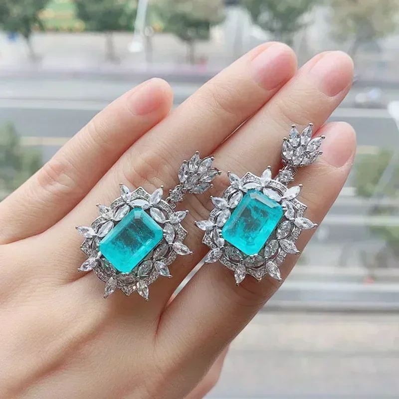 New Paraiba Necklace And Earring Set Blue Colorful Treasure Natural Imitation Jewelry Cotton Flocking Luxury Fashion Sparkling