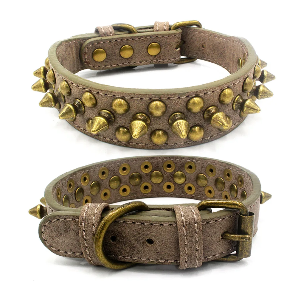 Retro Copper Spikes Studded Dog Collar for Large Dogs German Shepherd Mastiff Rottweiler Bulldog Widen PU Leather Pet Collar