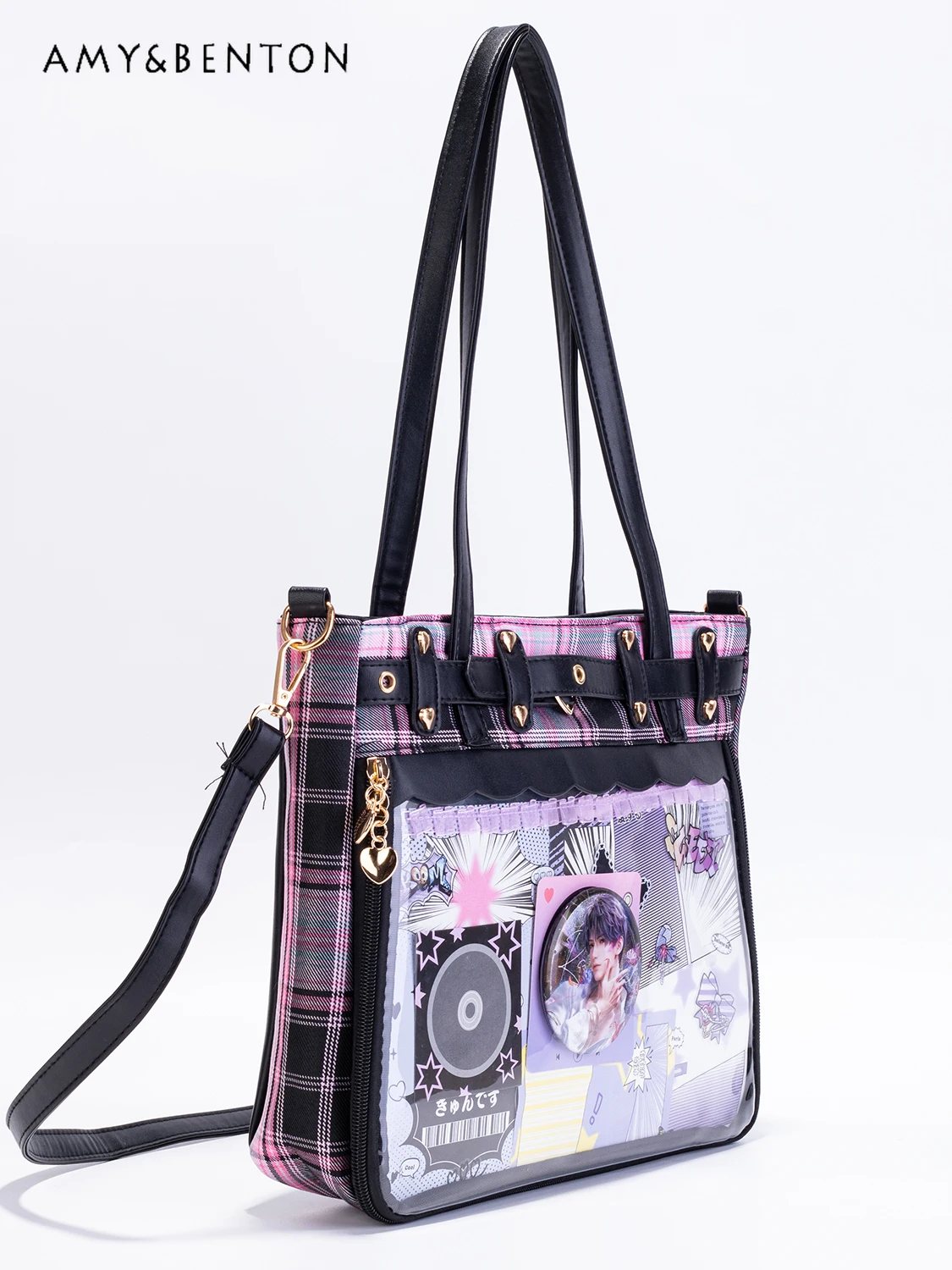 Pink Black Splicing Color Leather Transparent Shoulder Bag Japanese Cute Two-dimensional Large-capacity Itabag Daily Tote Bag