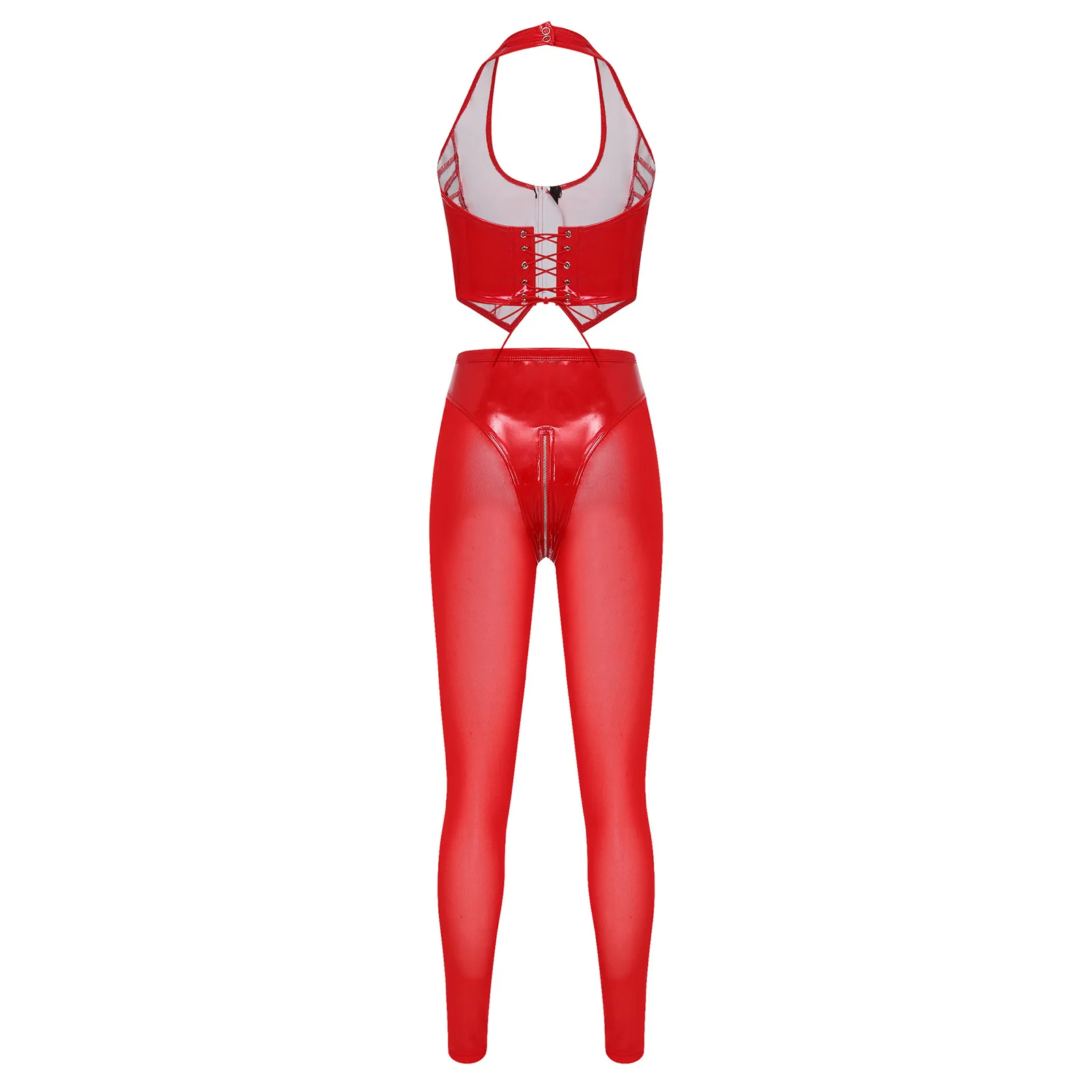 Womens Glossy PU Leather Latex Pants Set Rave Outfit Lace-up Halter Crop Top And Sheer Mesh Legs High Waist Leggings Clubwear