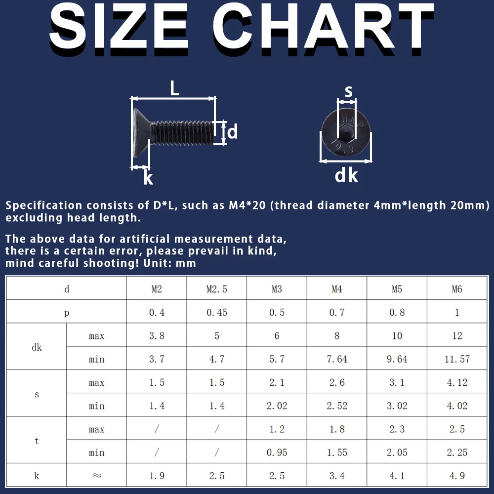 M2 M2.5 M3 M4 M5 M6 M8 M10 Black Grade 10.9 Carbon steel Countersunk Hexagon Screw Flat Head Allen Cap Screw Bolt 1Pcs-150Pcs