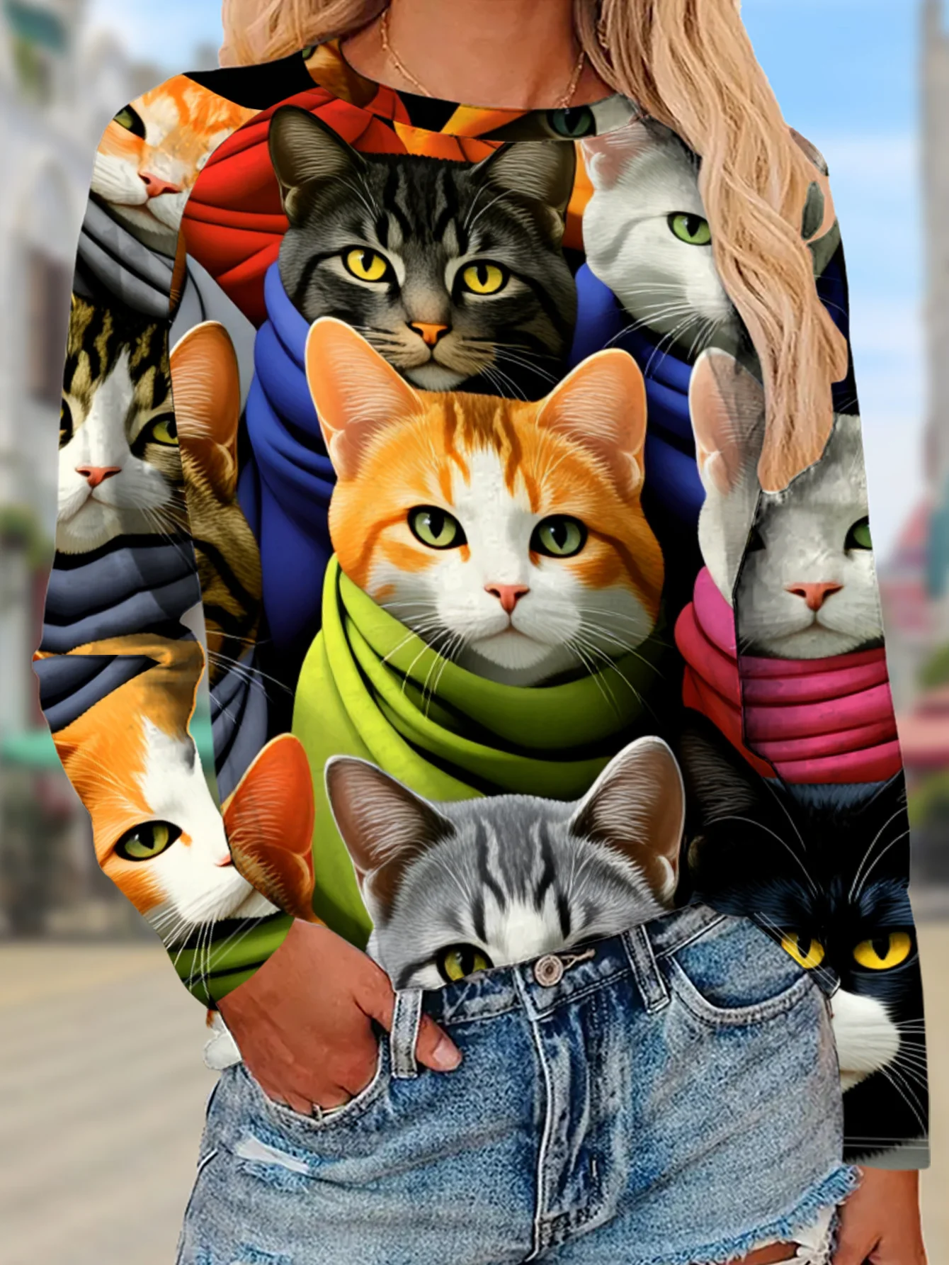 Women Round Neck Long Sleeve T‑shirt Cute Multi Cats With Scarf Collage Print Holiday Top Casual Daily Autumn Women's Clothes