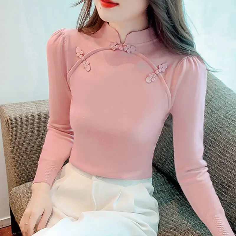 Sweet Stand Collar Button Knitted Puff Sleeve Blouses Female Clothing 2024 Autumn Winter New Slim All-match Tops Chic Shirts