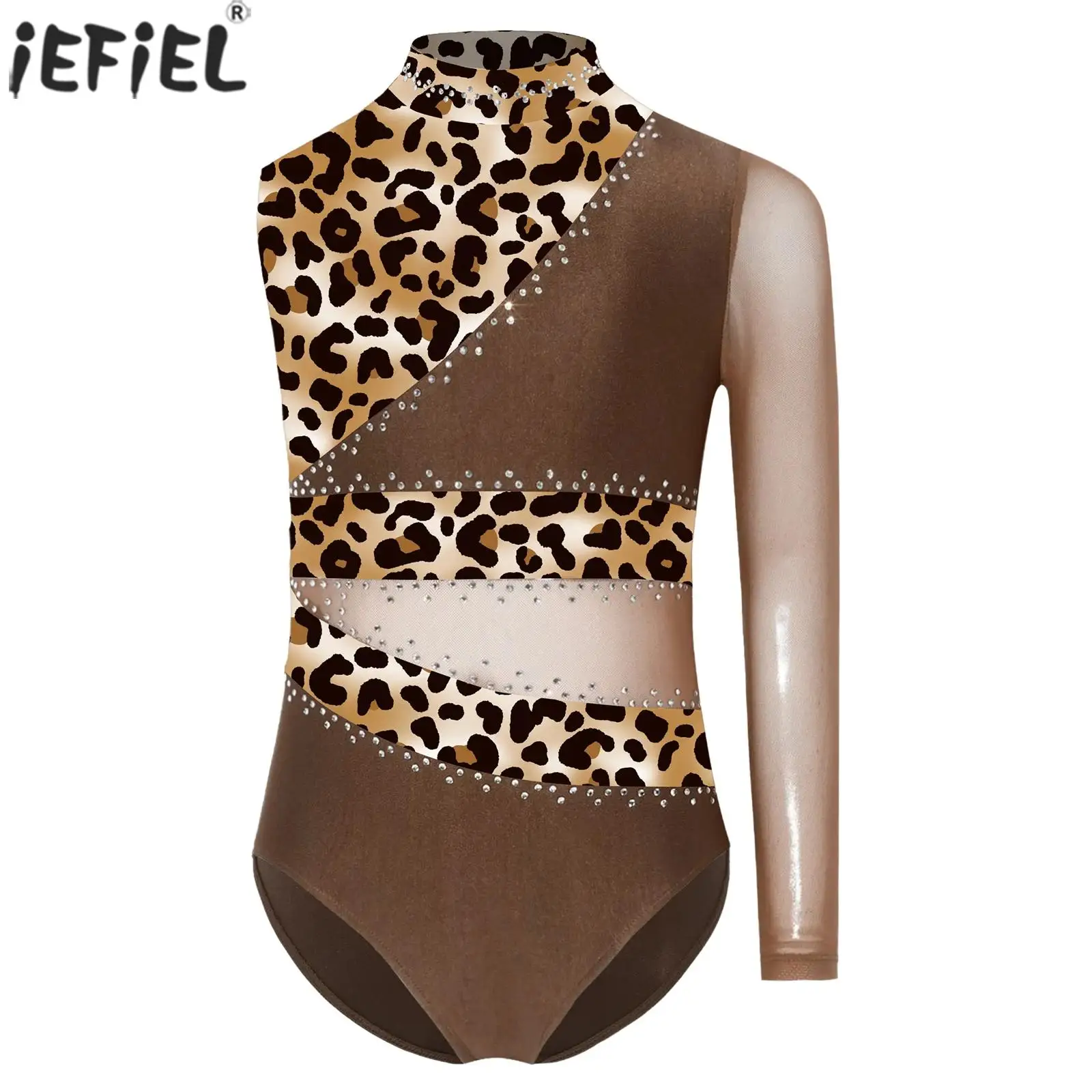 Girls Sparkly Rhinestones Gymnastics Leotard Long Sleeve Printed Unitard Ballet Dance Figure Skating Acrobatics Tumbling Outfit