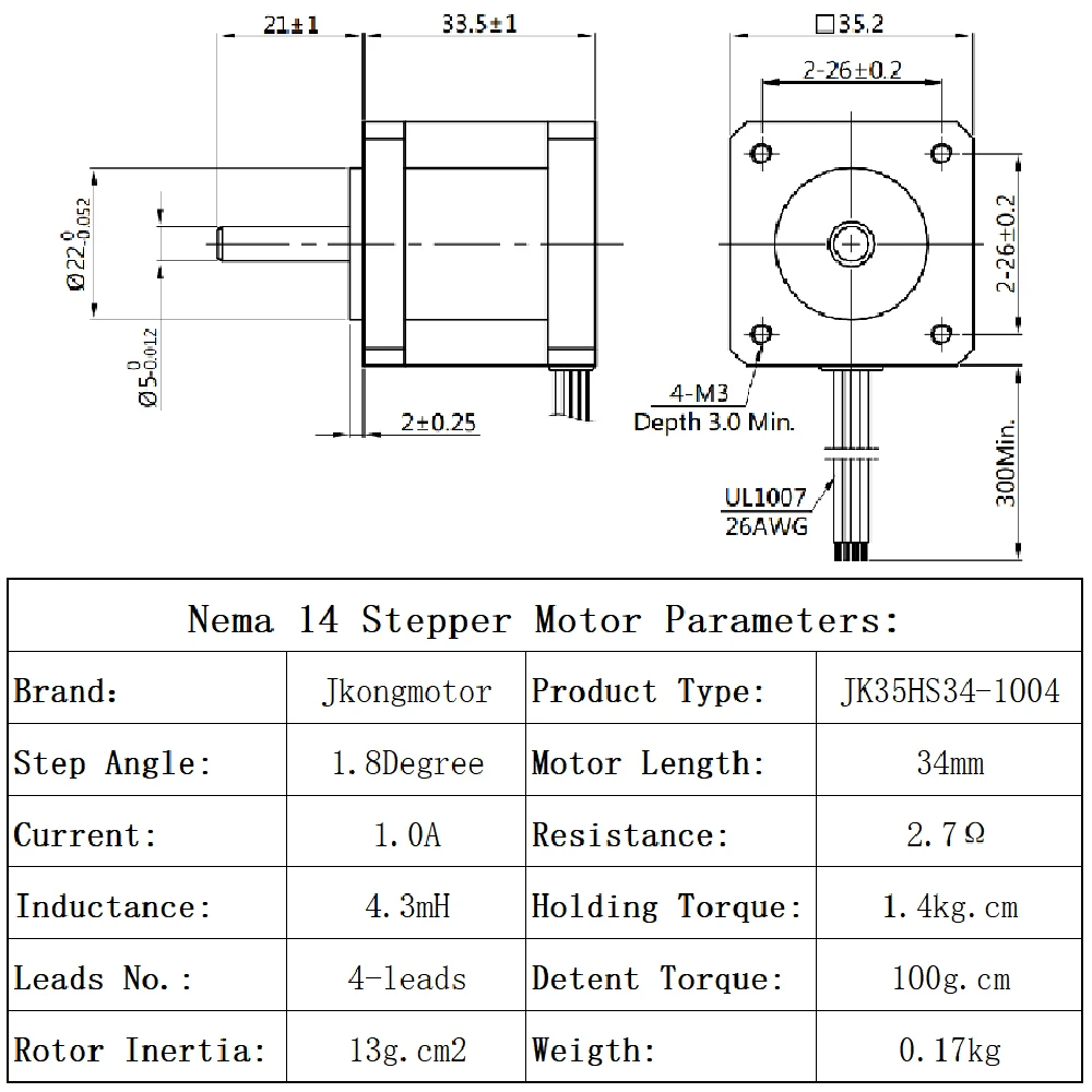 Jkongmotor Nema 14 Stepper Motor 14Ncm 1A 4-lead 34mm Nema14 Bipolar 1.8deg Stepper Motor for 3D Printer CNC Robot