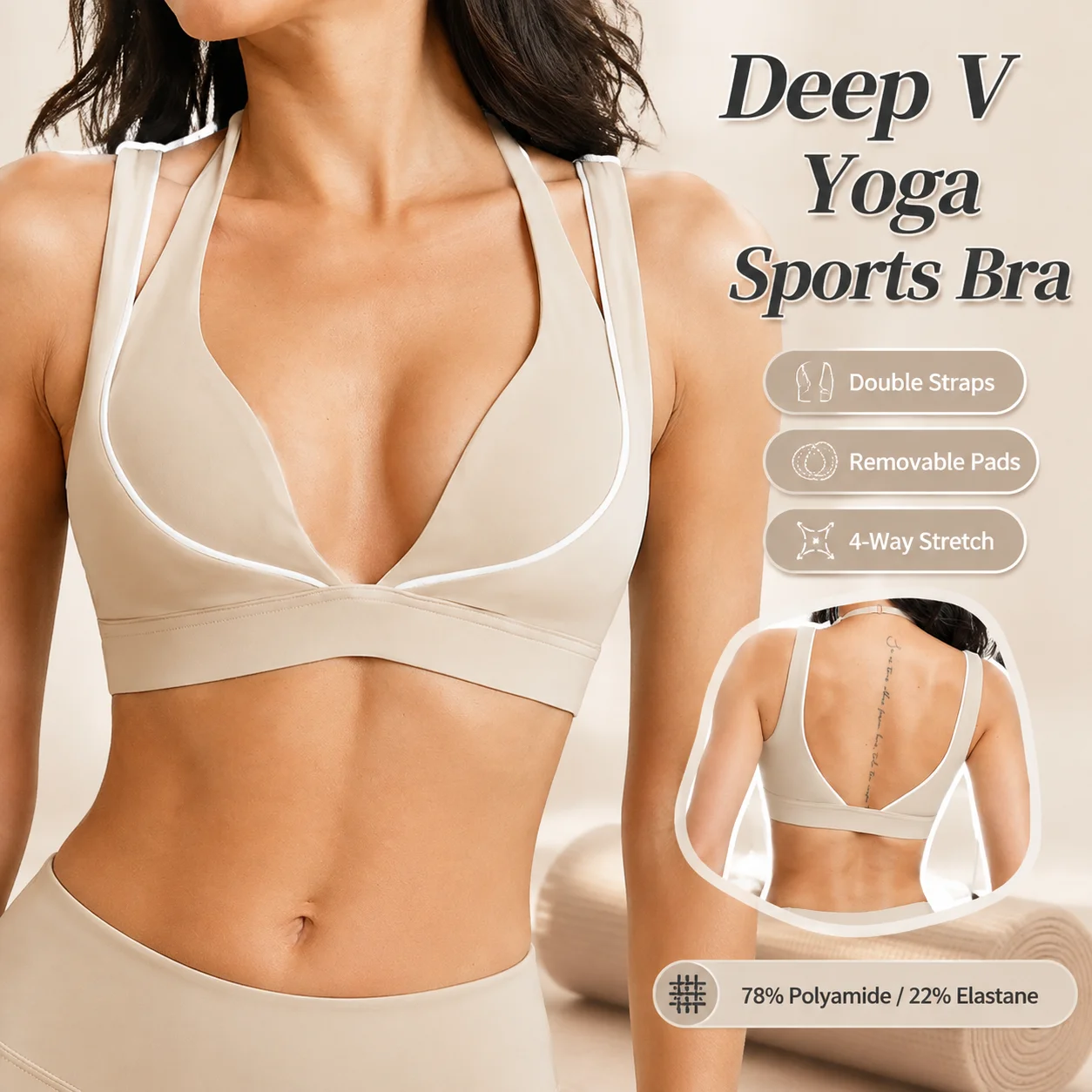 Women's Deep V-Neck Sports Bra Double Shoulder Straps Contrast Piping Removable Pads Nude-Feel Brushed Nylon Workout Crop Top S-
