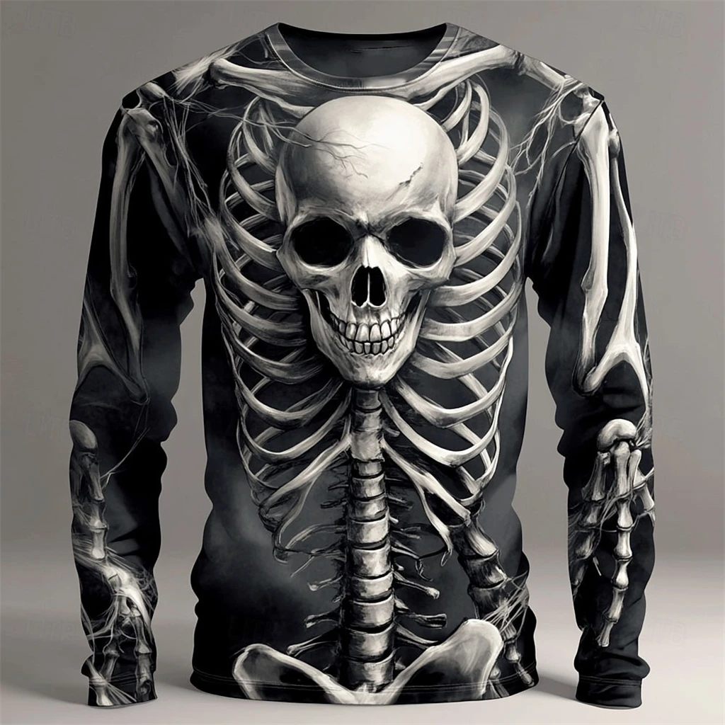 

2025 Halloween Skeleton Prints Long Sleeve T-Shirt for Men Gothic Trendy Streetwear Casual Tops Halloween Party Tees Fall Winter
