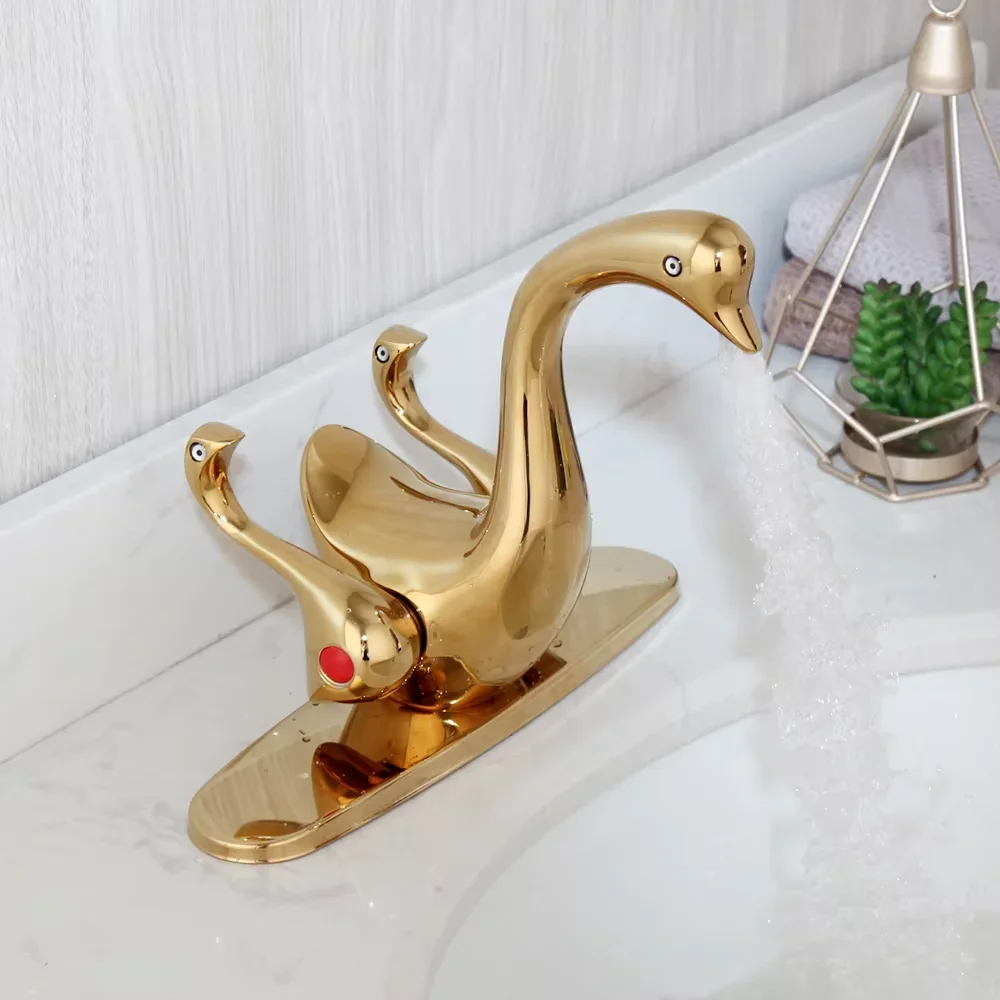 Golden Swan-shaped Double Handle Brass Basin Faucet with Ceramic Spool Single Hole Installation for Hotels