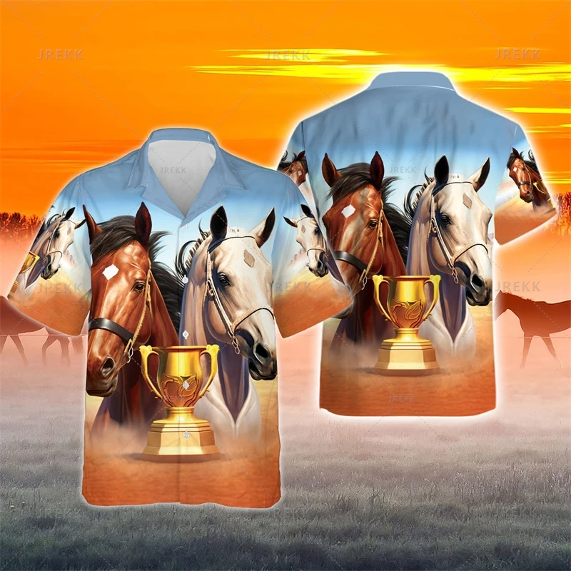 Vintage 3D American West Cowboy masculino impressão camisas havaianas, moda Streetwear, HorseRacing Lapel Blusa Tops