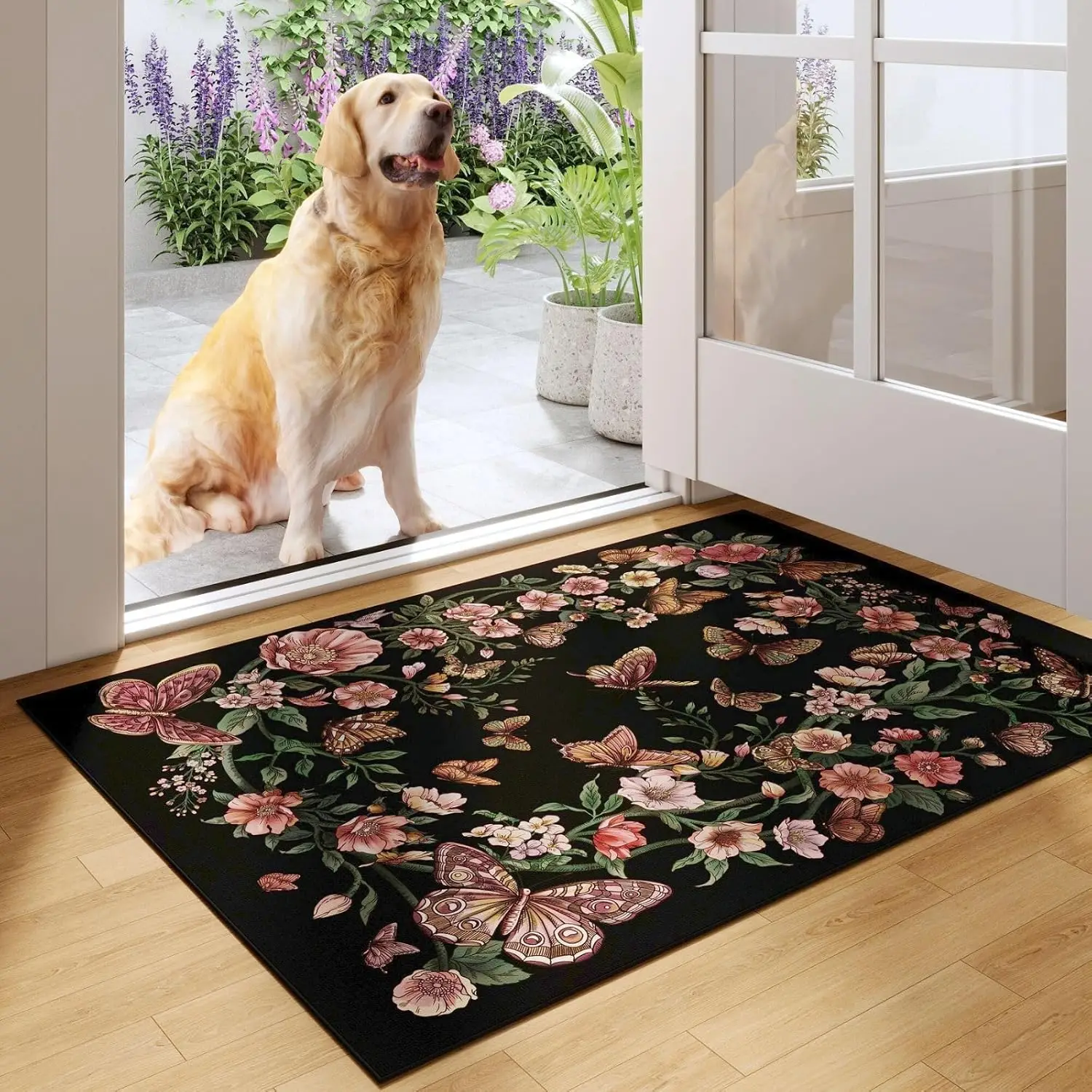Door Mat Indoor Entrance Rug Machine Washable Boho Floral Butterfly Small Area Rug Non-Slip Low Pile Throw Rugs for Entryway