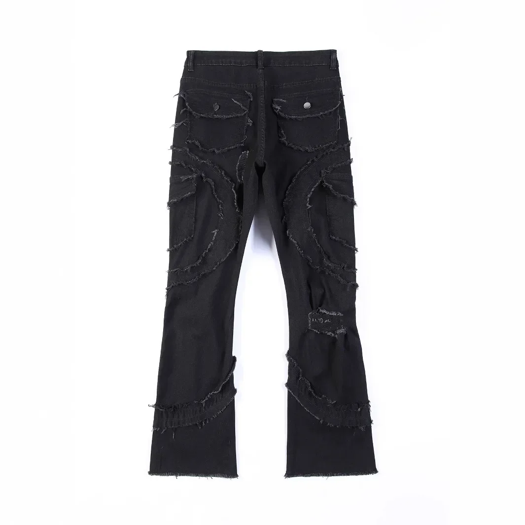 Four Seasons ผู้ชายสไตล์อเมริกัน Casual Street หลวม Bootcut กางเกงยีนส์กางเกงอินเทรนด์ขากว้าง Patched DENIM กางเกงชาย