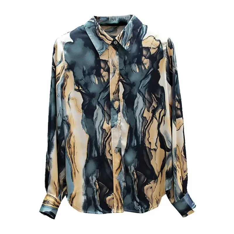 Fashion Tie Dye Printed Button Shirt Women\'s Clothing 2024 Spring New Casual Loose Oversized Lapel Long Sleeve Blouse Female