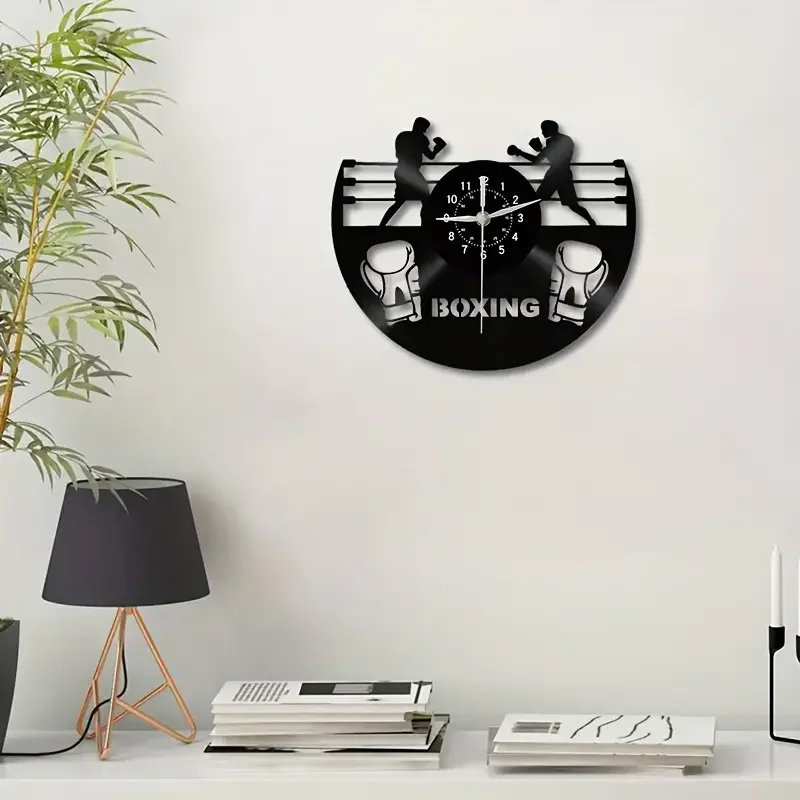 ZK30 Boxing Game Inspired Vinyl LP Wall Clock Boxing Club Hanging Decor Boxer Arena Glove Silhouette Wall Watch With Backlight