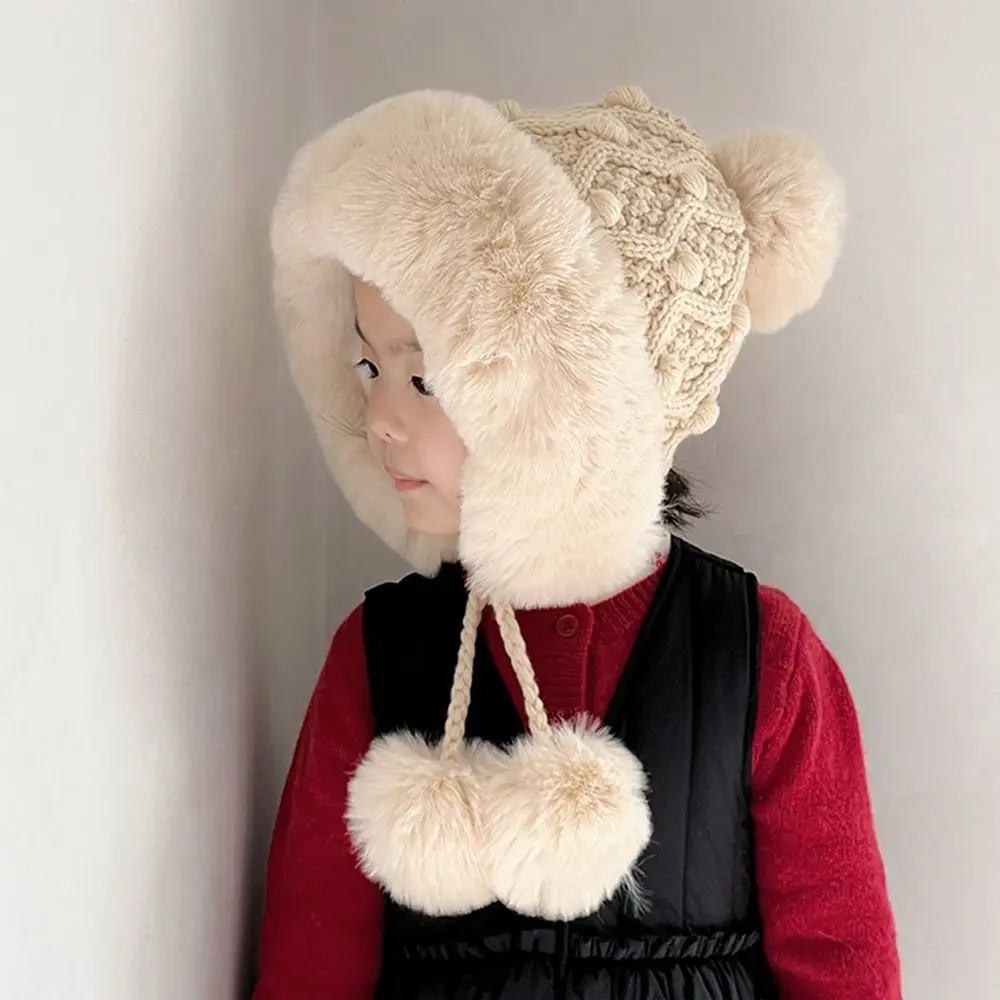 

Cute Knitted Winter Beanie Hat Windproof Cold Proof Ear Protection Hat Plush Ball Adjustable Warm Cap Outdoors