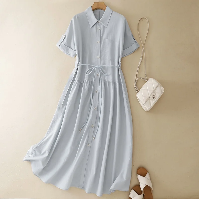 Slimming Effect Summer New Women's Loose Casual  Color Shirt Long Dress Drawstring Waist Design Commute Style Short Sleeve
