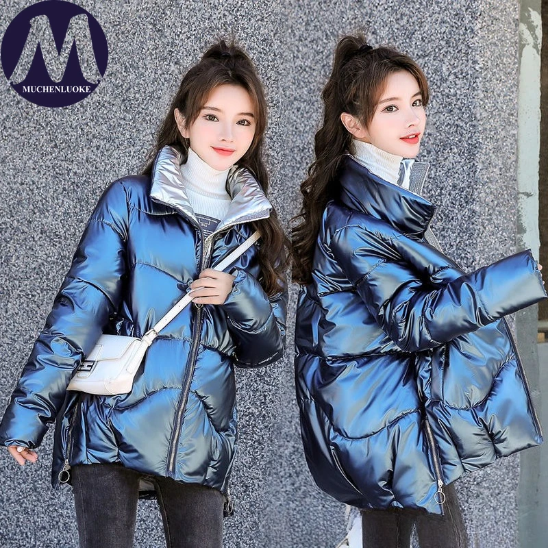 

Women's Winter Jacket New Elegant Glossy Surface Stand Collar Thicken Down Cotton Coat Korean Fashion Slim Fit Keep Warm Parkas
