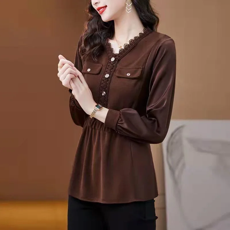 Autumn Elegant Fashion Commute Office Lady Formal Vintage Shirt Women V Neck Three Quarters Sleeve Button Pocket Lace Slim Top