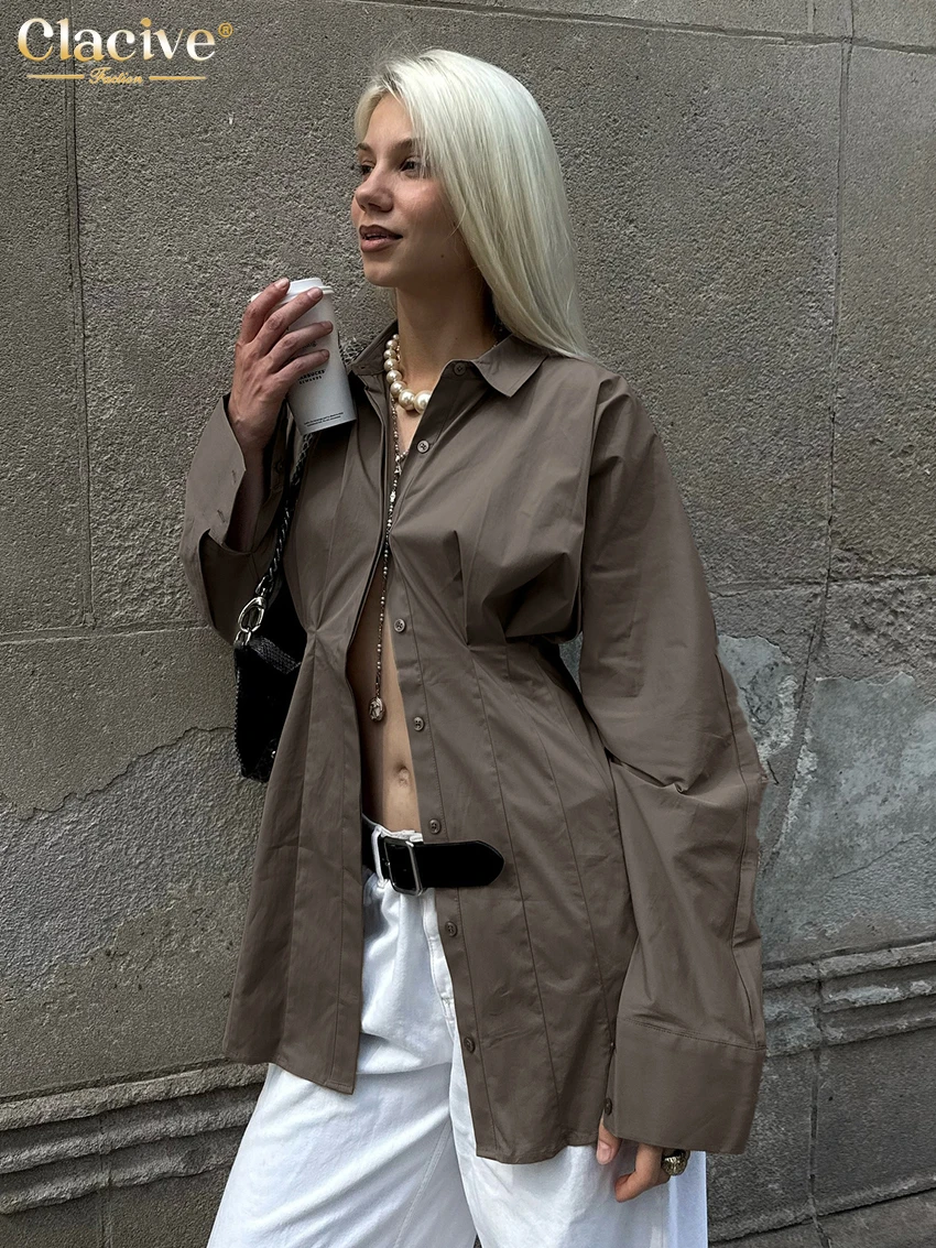

Clacive Fashion Loose Brown Cotton Women's Blouse 2026 Casual Lapel Long Sleeve Shirt Elegant Classic Solid Top Female Clothing
