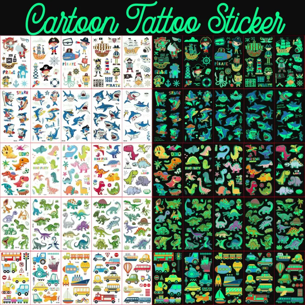 5PC Luminous Pirate Temporary Tattoos For Boys Teens Glow In Dark Whale Dinosaur Fake Tattoo Sticker Toddler Car Tatoos Dino DIY