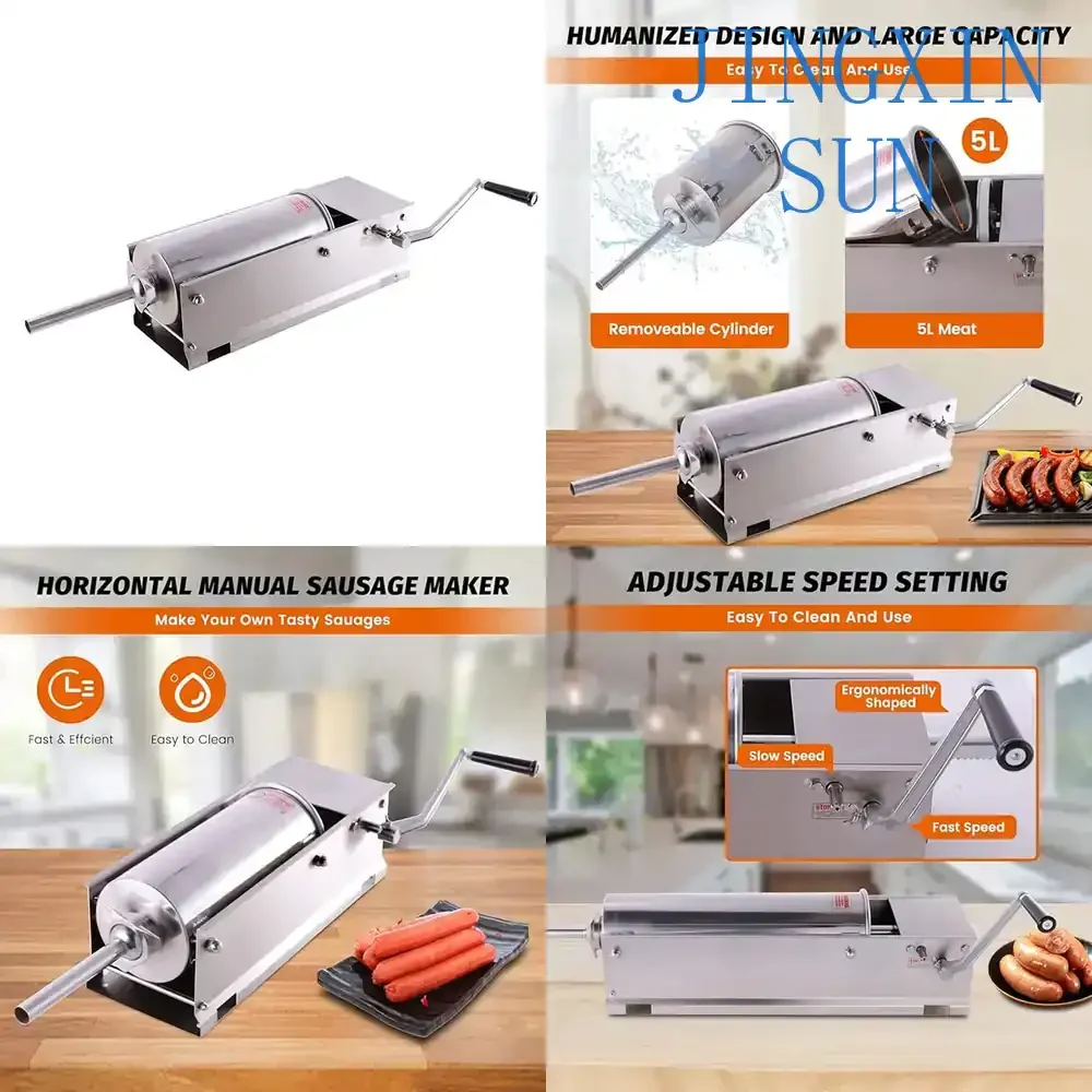 HV5L 5 Liter Manual Sausage Machine for Sausage Stuffer Horizontal Stainless Steel 2 Speed Meat Grinder for Home Kitchen Food