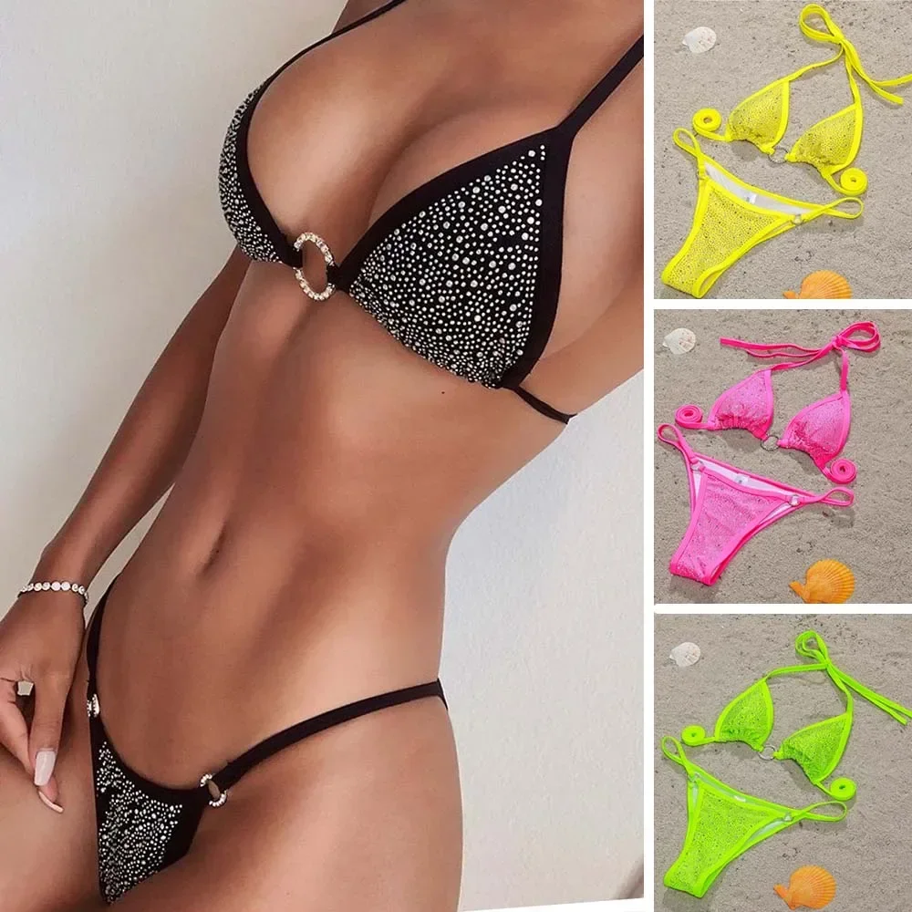 Sexy Triangle Push Up Bikinis Women Rhinestone Brazilian String Bikin Swimwear Ring Linked Bathing Suit Crystal Beach Swimsuit