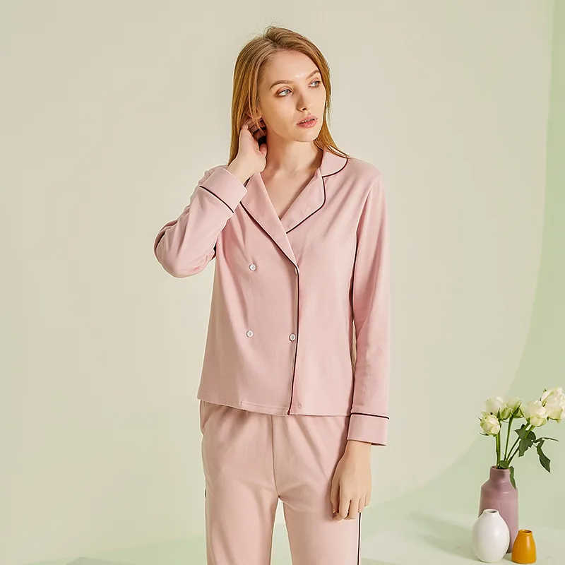 Female Pajama Set Autumn Long Sleeved Pure Cotton Home Clothes Women's High-End Double Breasted Cardigan Pants 2PCS Loungewear