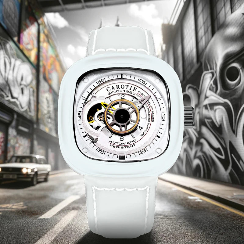 

Мужской студенческий спортивный креативный квадратный белый корпус с белым циферблатом и белыми механическими часами из искусственной кожи.