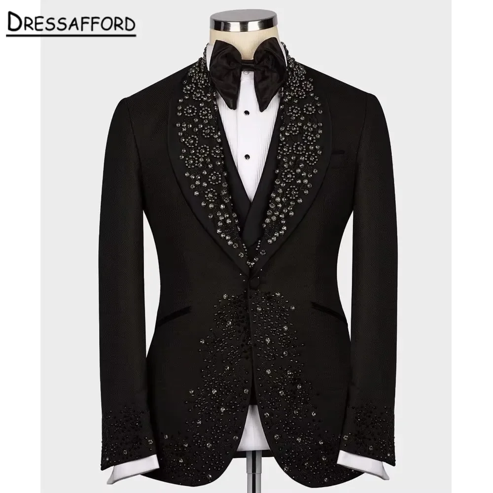 Trajes negros de moda para hombre, conjuntos de 2 piezas, chaqueta y pantalones hechos a mano, perlas, Blazers de graduación para novio, esmoquin decorativo