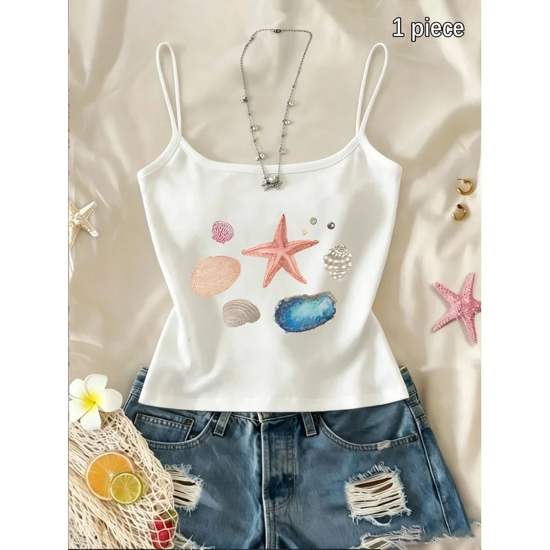 Women Cute Ocean Element Graphic Cami Top Vacation Aesthetic Sleeveless White Spaghetti Strap Crop Tank Vest