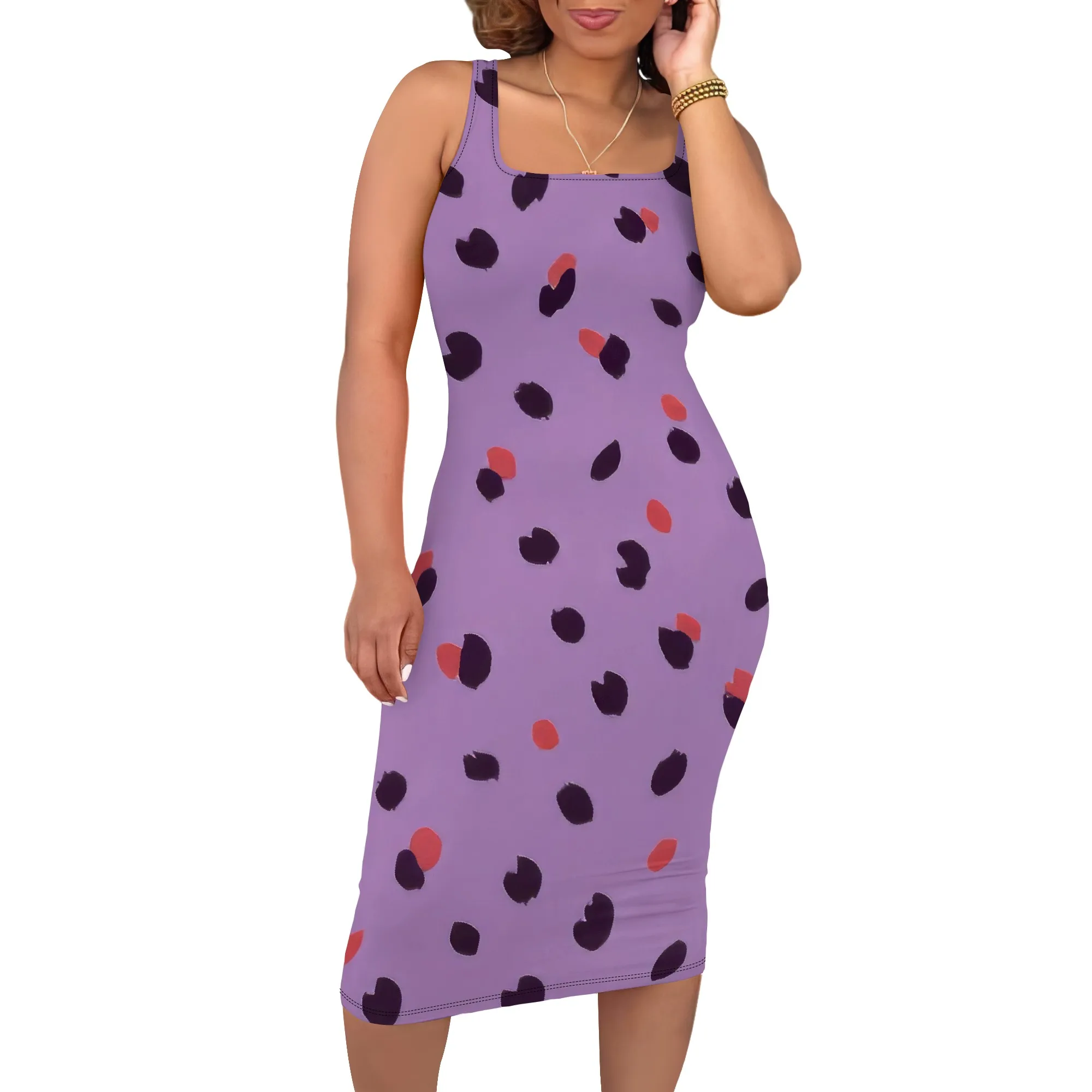 ผู้หญิงฤดูร้อนสบายๆเซ็กซี่ชุดเข้ารูป U คอ Polka Dot พิมพ์ชุดแขนกุด Midi แฟชั่น Party Dress