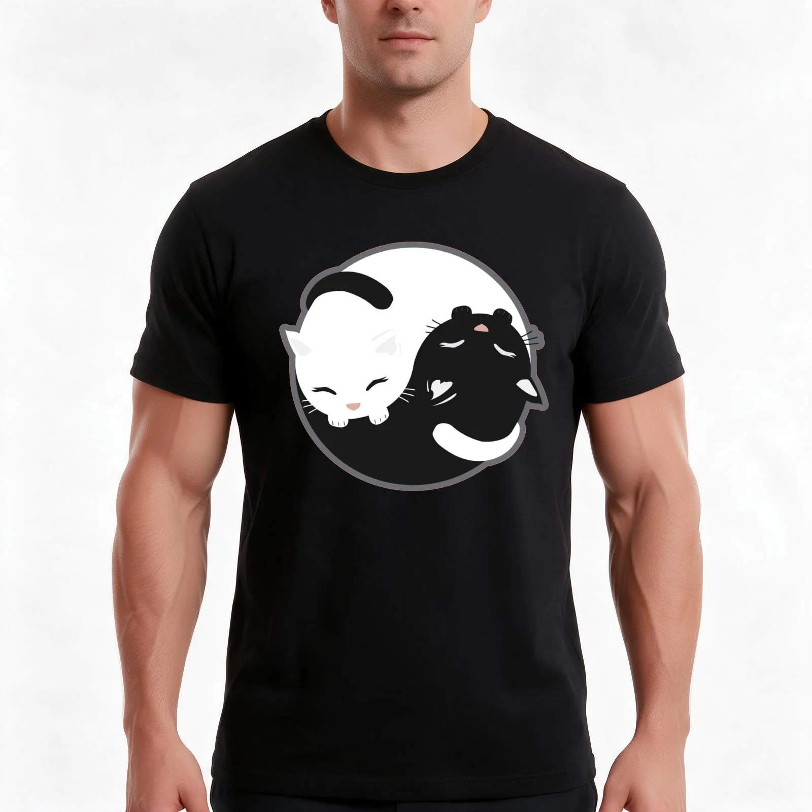 Yin Yang Balancing Cats T-Shirt, Summer Casual Cotton Tee, Oversized Streetwear Tops, Vintage Graphic Print, Unisex Men Women