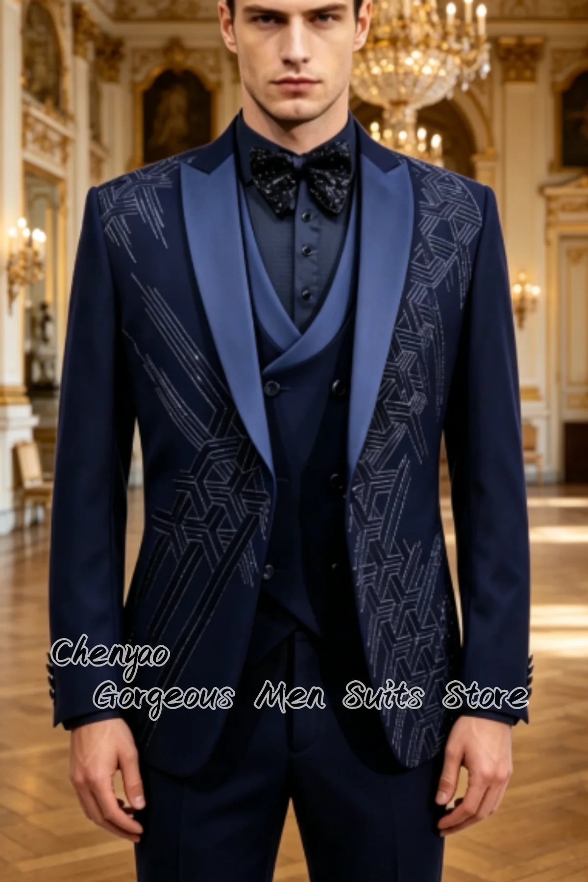 Classic Sleek Beaded Lapel Men Suits Customized Groom Wedding Party Tuxedos 3Pc Sets Male Prom Blazers Chic Formal Ropa Hombre