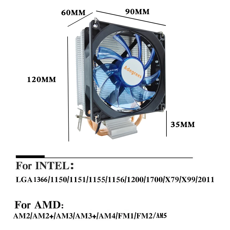 2 Heat Pipes CPU Air Cooler Red/Blue Lights Cooling Fan For Intel LGA 1366 1151 1155 1200 1700 2011 X79 X99 AMD AM3 AM4 AM5