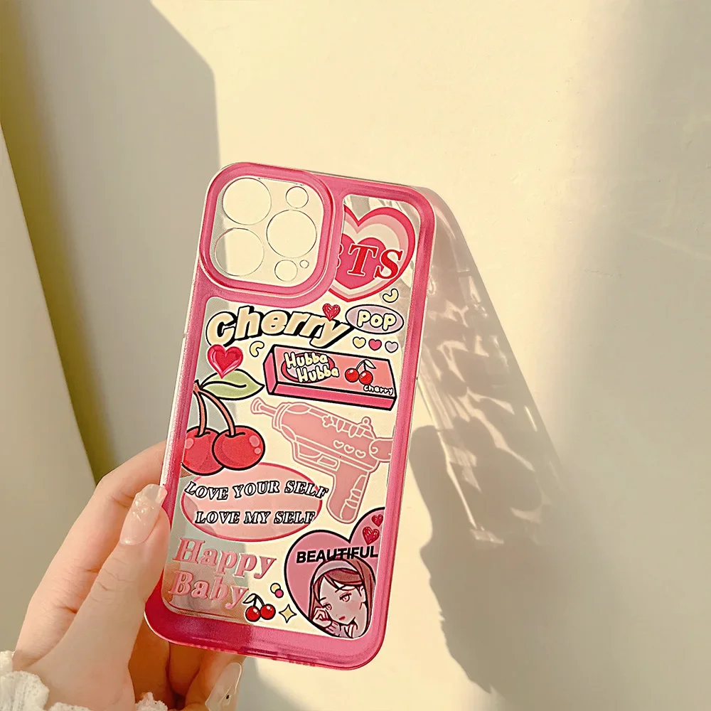 Cartoon Cherry Girl Pictorial Phone Case for iPhone16 15 13 ProMax 12 11 XS Max XR X Plus 13Pro 14 Shockproof Transparent Cover