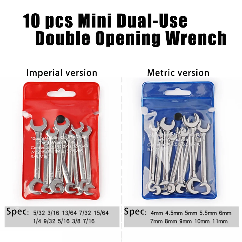 Complete Mini Wrench 10pcs/Set with Metric and Imperial Sizes - Double Head Open End Design in 45# Steel for Mechanics Repair