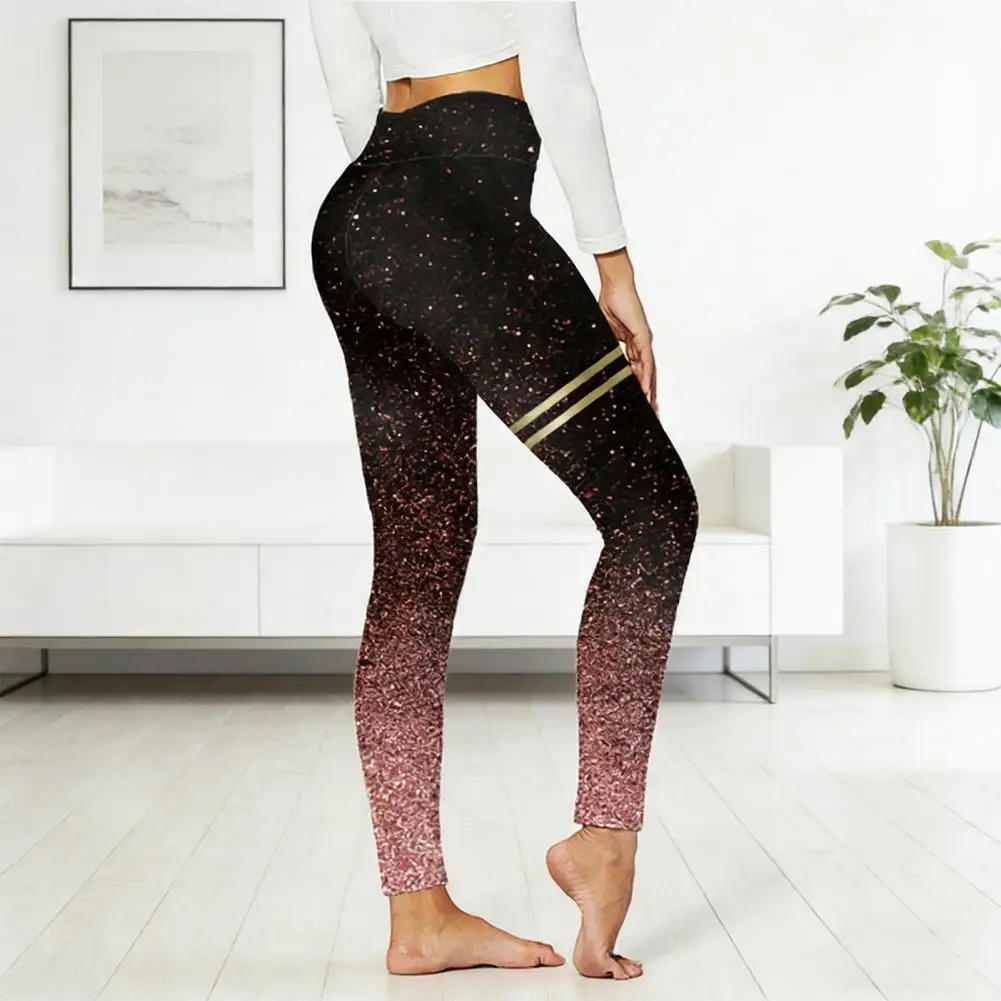 Women Leggings High Waist Hip Lift Yoga Pants Glitter Golden Stamping Stretch Pants Travel Work School Daily Wear