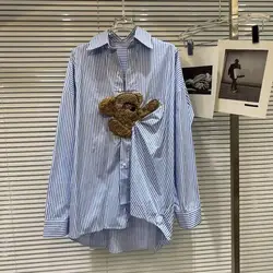 Luxury Blue Stripe Oversized Shirts and Blouse For Women 2024 Autumn Long Sleeve Loose Casual Buttons Up Blouse Top