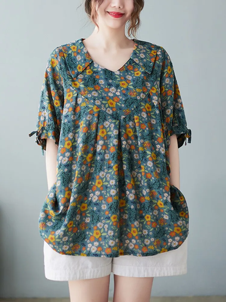 Women Summer Casual Blouses Shirts New 2022 Vintage Style V-neck Floral Print Loose Cotton Female Short Sleeve Tops B1881