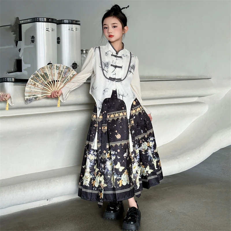 Hanfu Set Skirt Chinese Element Kids Girl Costume Tassels Tops Mamianqun Horse Face Skirt Children Ancient Perform Dress Cosplay