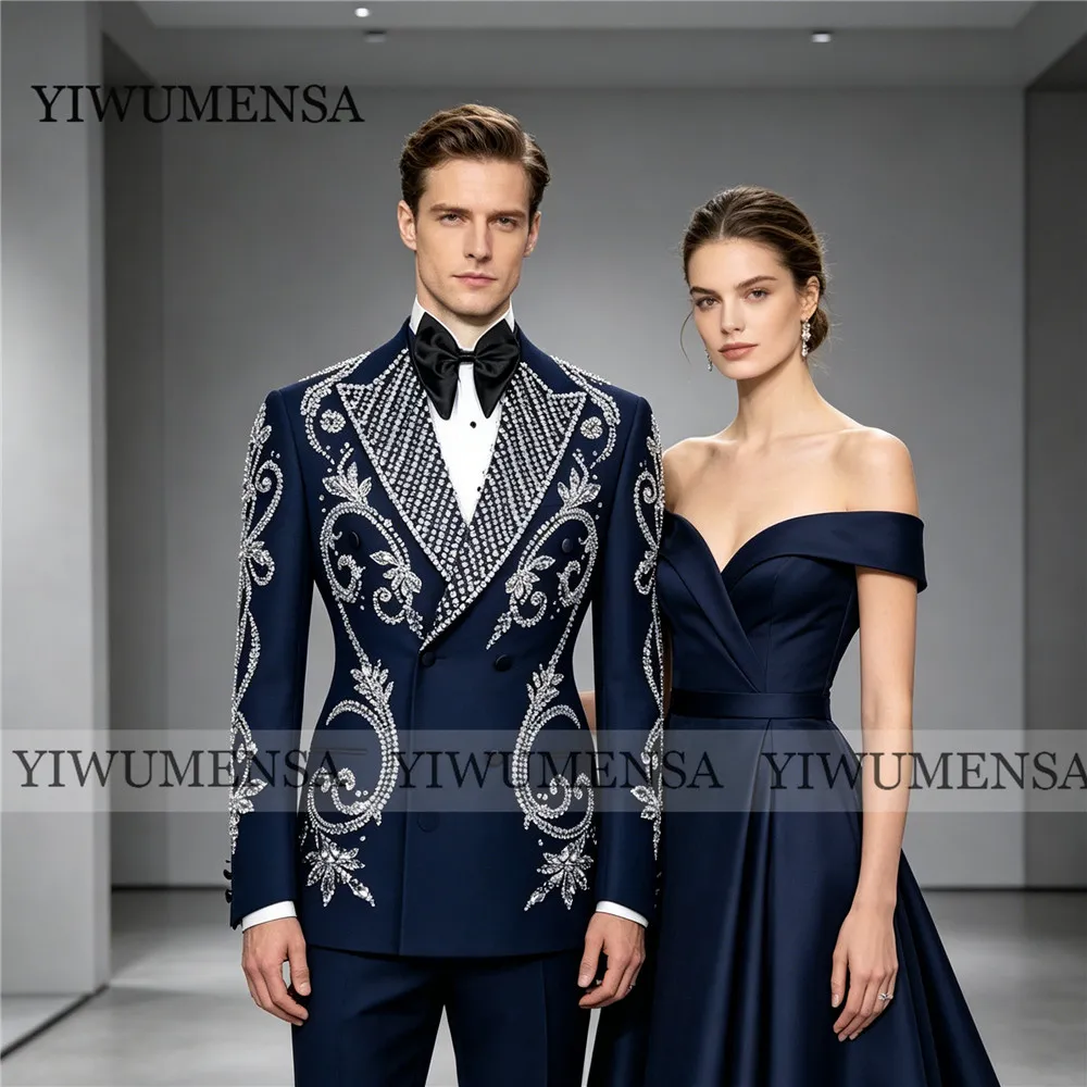 

Luxury Beading Stones Suit Man For Wedding Double Breasted Jacket Pants 2 Piece Sets Groom Tuxedo Formal Dinner Party Outfits