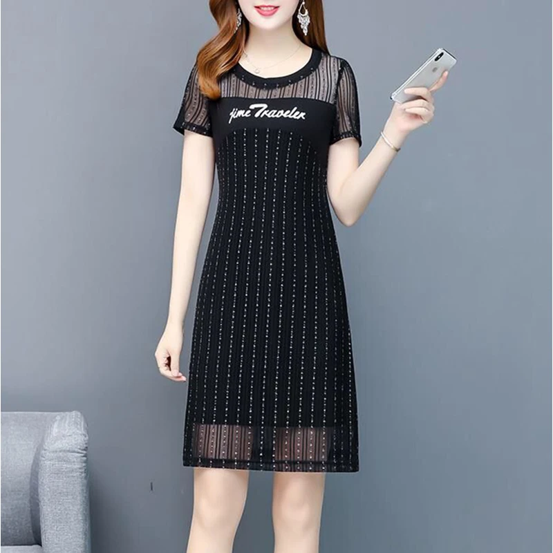 

Fashion O-Neck Loose Spliced Printed Letter Lace Mini Dress Women's Clothing 2025 Summer New Fake Two Pieces Elegant Dress