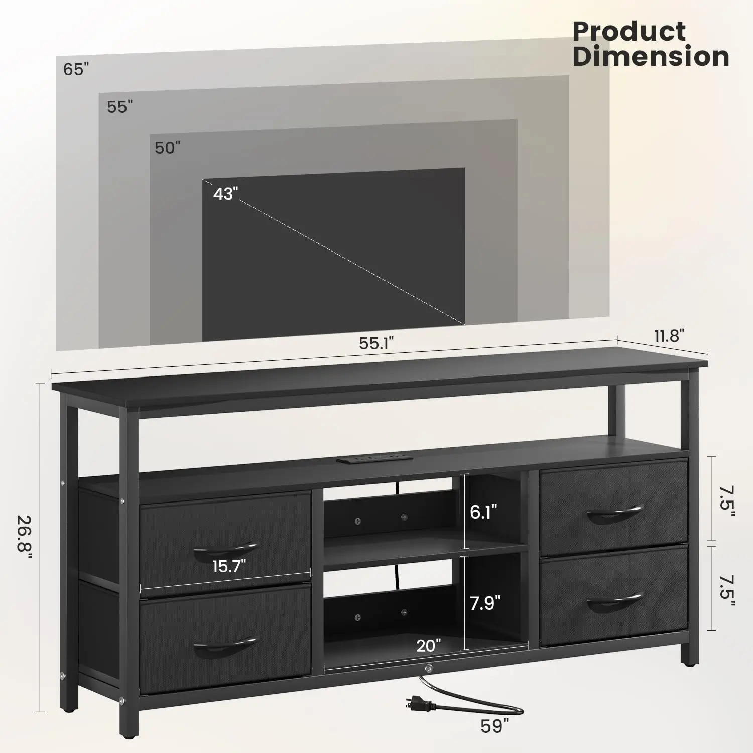 TV Stand Entertainment Center 65 Inch LED Lights Black, Customized
