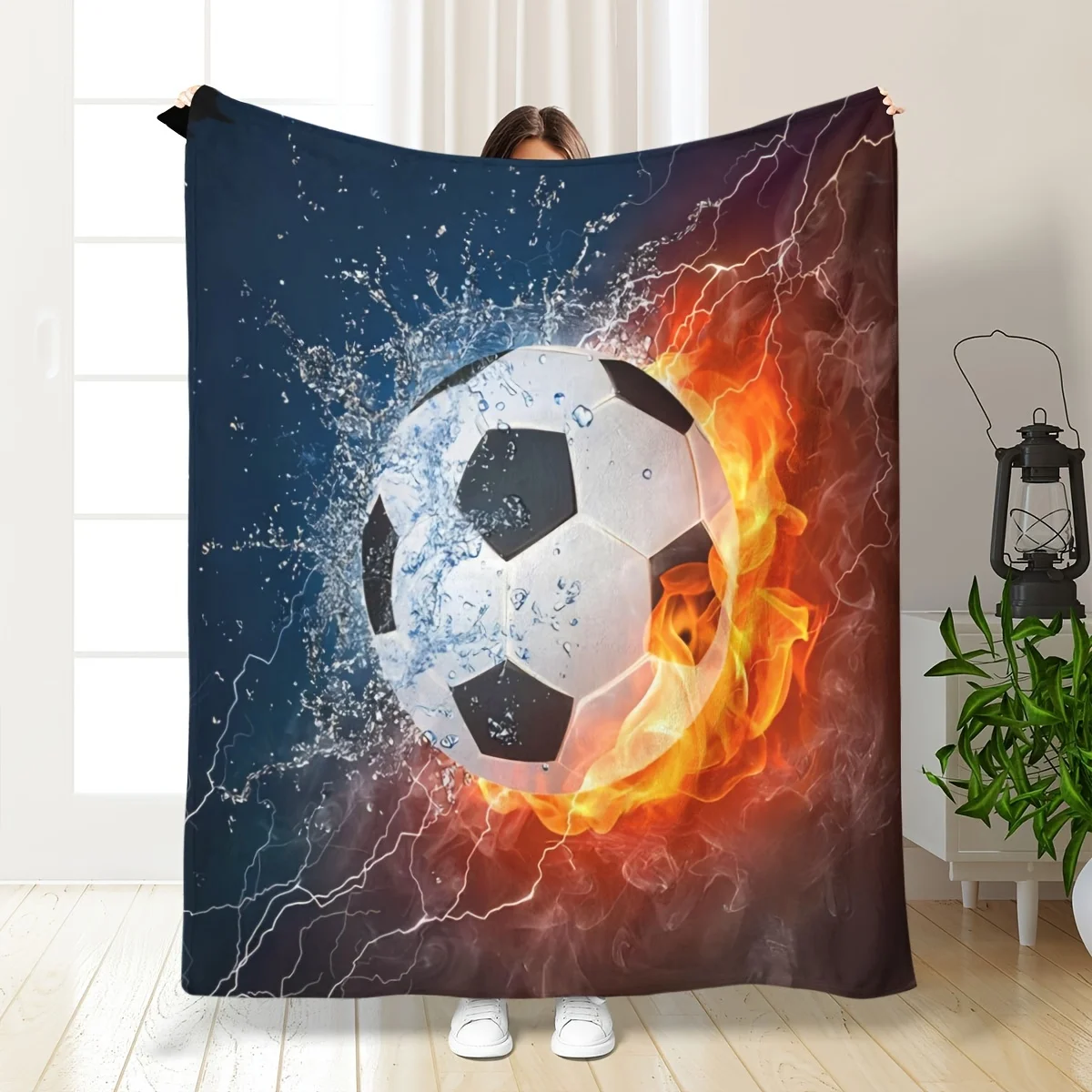 1pc Ice & Fire Soccer Flannel Throw Blanket - Soft, All-Season Polyester Knit Cover with Electric Blue & Orange Design, Hypoalle