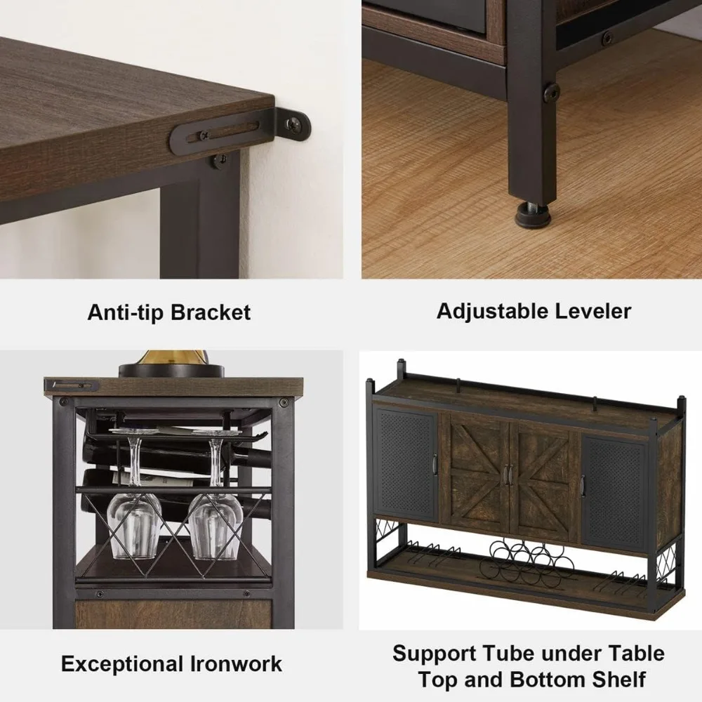 Industrial Wine Bar Cabinet para Licor e Copos, Aparador Rústico e Buffet com Wine Rack, Farmhouse e Coffee Bar