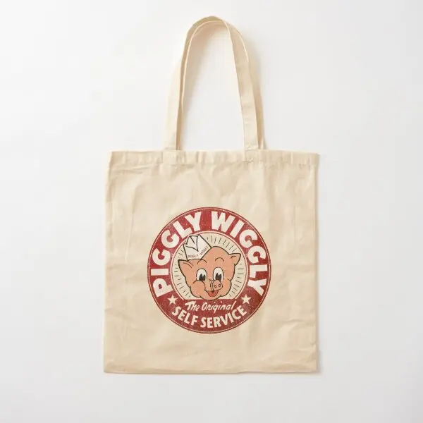 Piggly Wiggly Self Service Worn Cotton  Canvas Bag Grocery Handbag Foldable Tote Casual Ladies Printed Reusable Women Travel