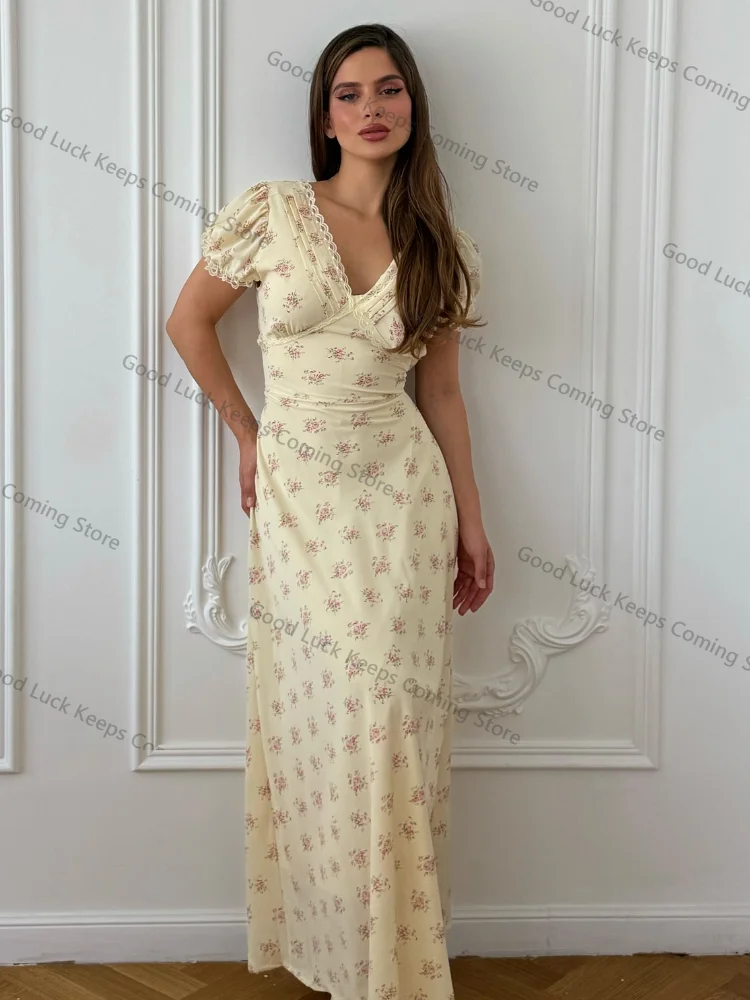 Vestido longo feminino com estampa floral, manga bufante, elegante, decote em v, cintura alta, linha a, slim, férias, viagem, retrô, diário, verão