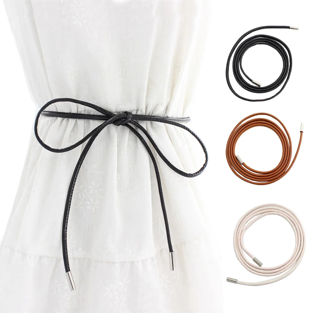 1pc 155cm/61in Female Waist Chain Thin Belt Simple Decoration Tie with Dress Bow Knot Fashion Waist Rope Belts for Women