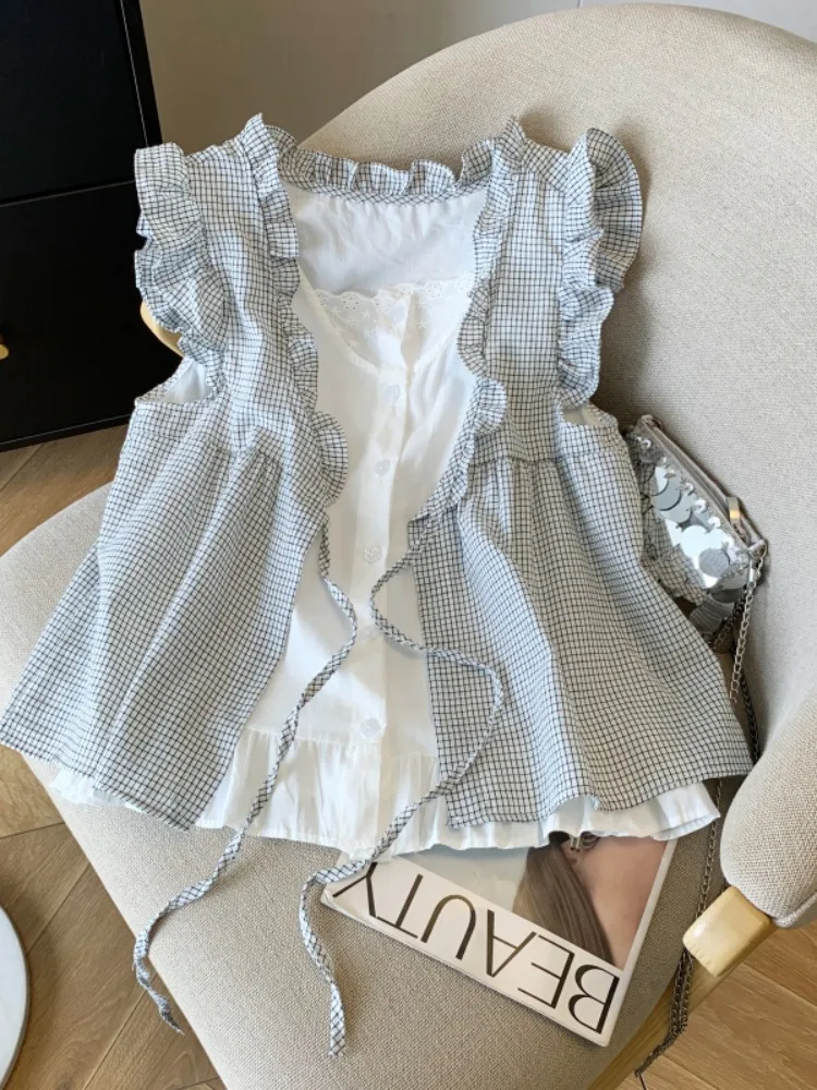 Korean Sle Plaid Svel Dr irt for Women Summer Fre Looking Fake Two-Piece Bow-Tied Doll Top Loose Fit Thin Mate...