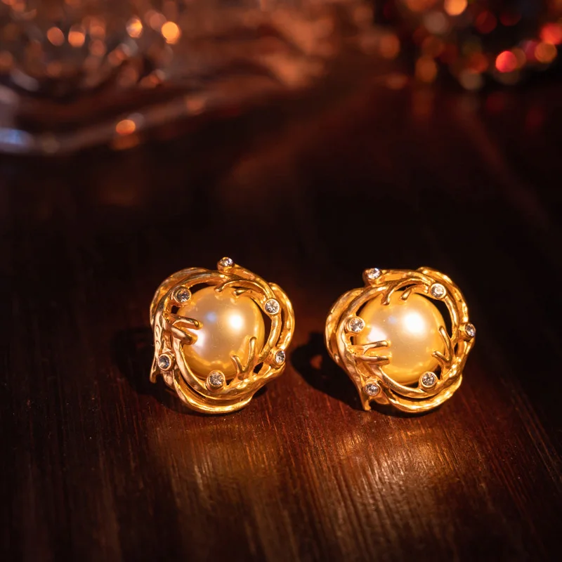 Vintage French stud earrings with gold trim and pearls for women‘s girl party gift jewlry whosale